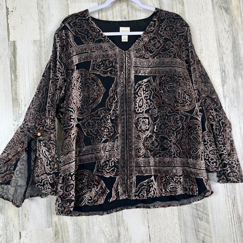 Chicos‎ Velvet Blouse Women's Large Black Bell Sleeve Top Luxe Boho Evening Chic